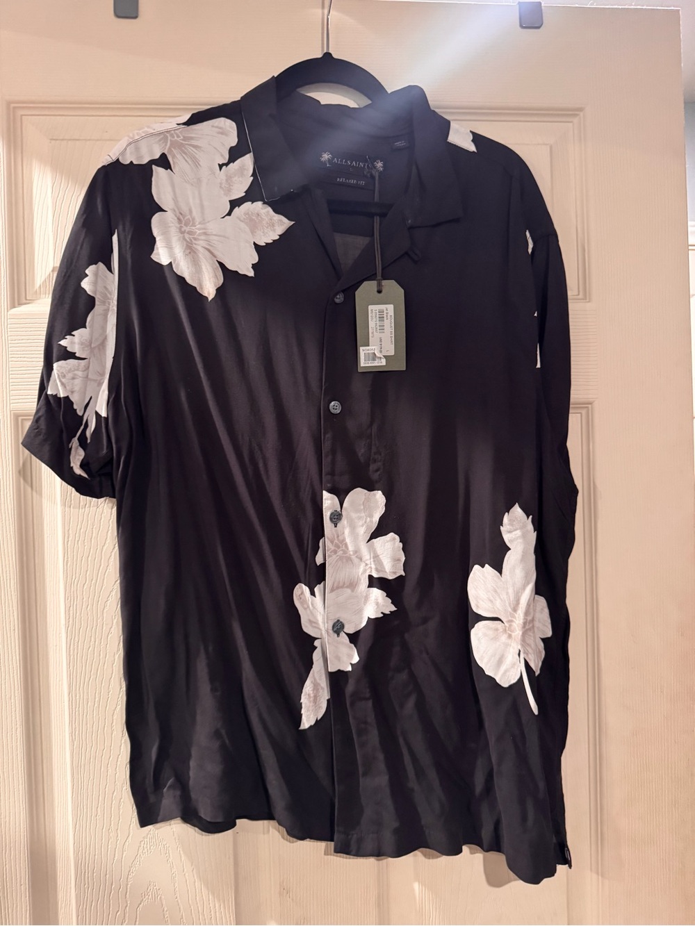All Saints BOUQUET SS Shirt Black Short-Sleeve Camp Shirt with White Floral NWT